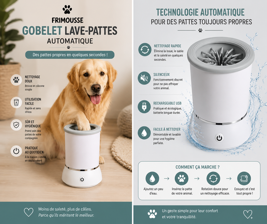 Nettoyeur de Pattes Frimousse™ — Gobelet de Lavage Automatique pour Chien & Chat