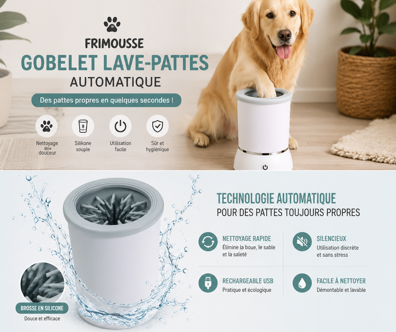 Nettoyeur de Pattes Frimousse™ — Gobelet de Lavage Automatique pour Chien & Chat